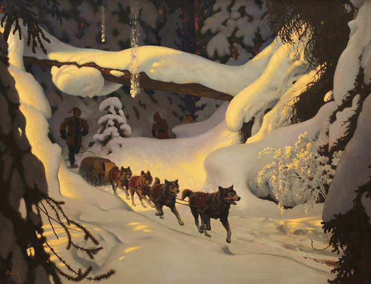 Artwork by Arthur Henry Howard Heming,  Nearing a Fur Post