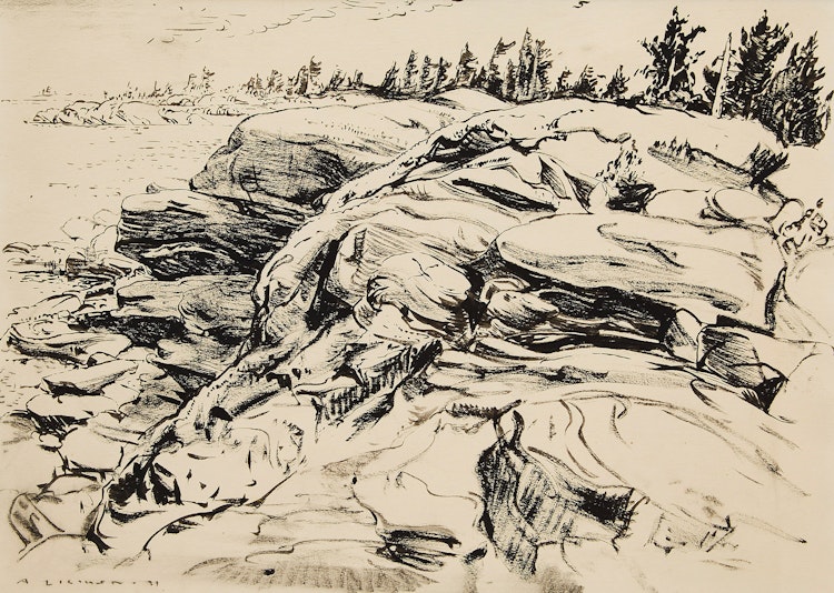 Artwork by Arthur Lismer, Rocks and Pine