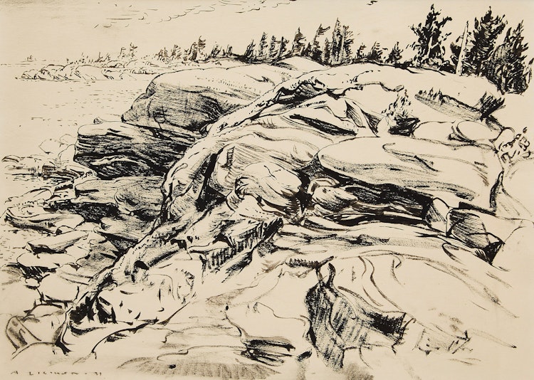 Artwork by Arthur Lismer,  Rocks and Pine