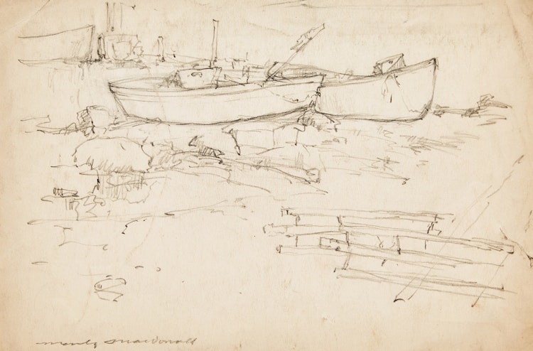 Artwork by Manly Edward MacDonald,  Boats at Shore; Cathedral