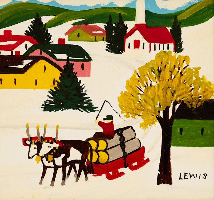 Artwork by Maud Lewis,  Hauling Logs, Winter