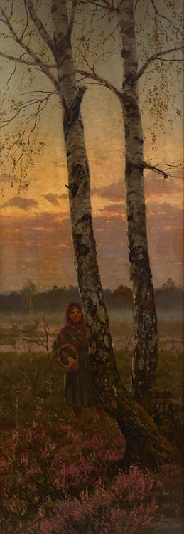 Artwork by Józef Rapacki,  Young Woman Gathering in the Woods