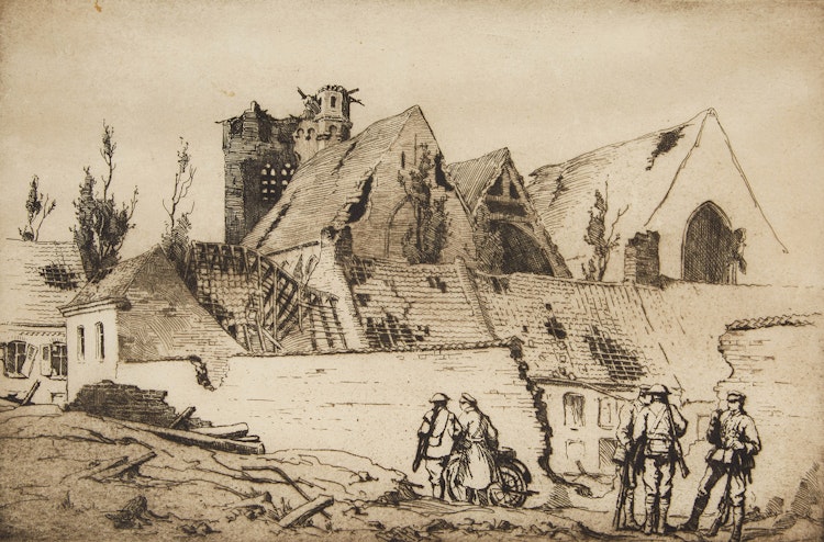 Artwork by Cyril Henry Barraud, A view of St. Pierre looking from the Ypres Ramparts, July, 1916