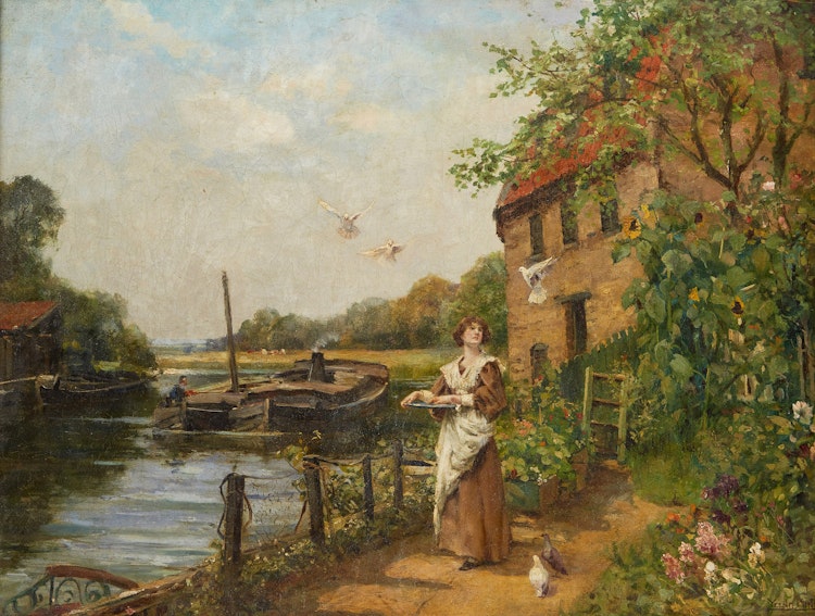 Artwork by Henry John Yeend King, A Young Woman Feeding Doves