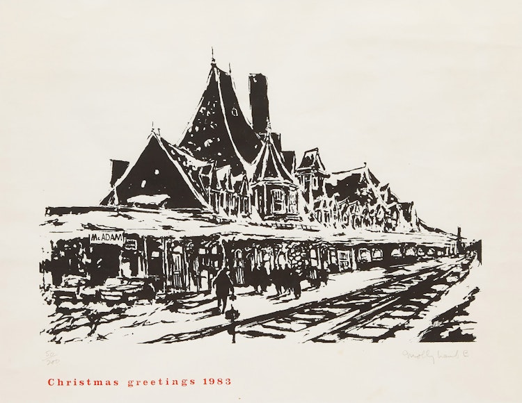 Artwork by Molly Lamb Bobak, Macadam Railway Station (Christmas Greetings 1983)