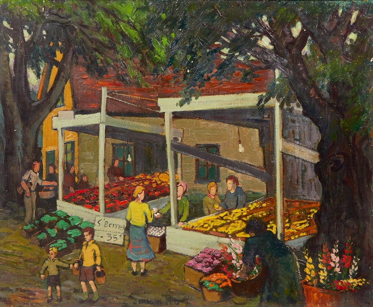 Artwork by Adolphus George Broomfield, Mrs. Turpil’s Market (Cooksville, Ontario)
