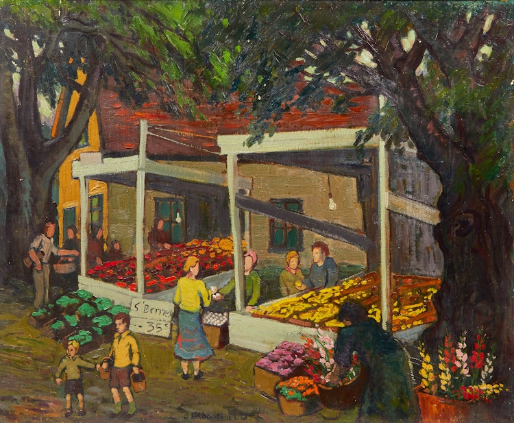 Artwork by Adolphus George Broomfield,  Mrs. Turpil’s Market (Cooksville, Ontario)