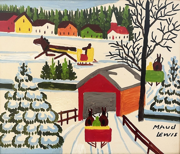Artwork by Maud Lewis, Winter Sleighing Scene with a Covered Bridge