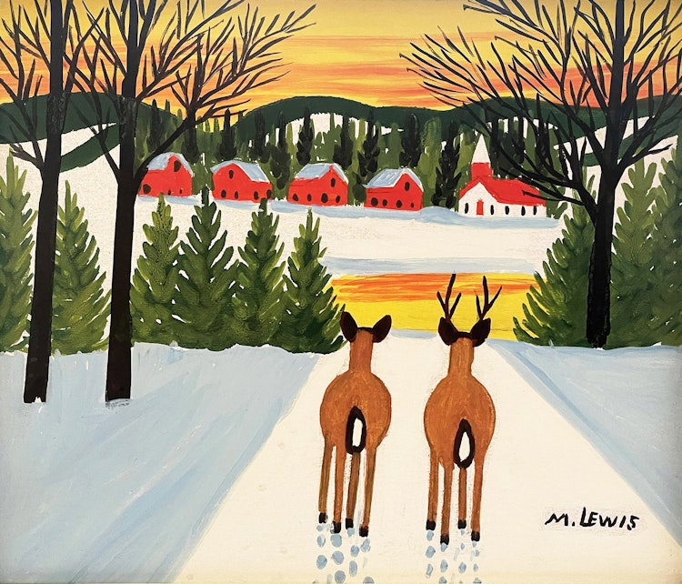 Artwork by Maud Lewis,  Two Deer, Sunset