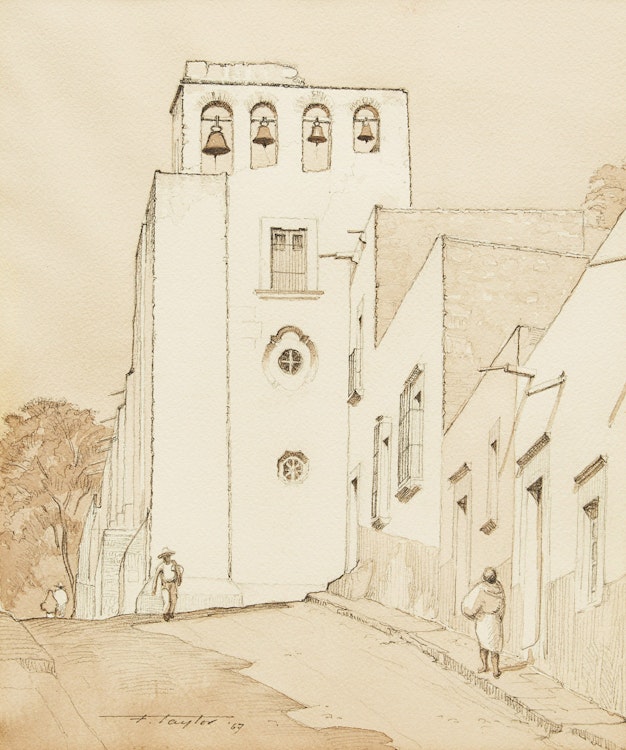 Artwork by Frederick Bourchier Taylor, Bell Tower, San Miguel de Allende, Mexico