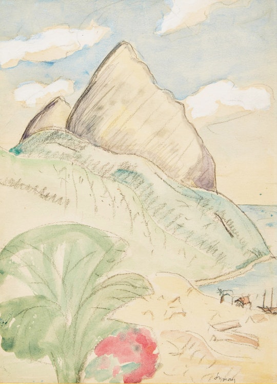 Artwork by John Goodwin Lyman, The Sisters, St. Lucia, WI. (Le Pitons)