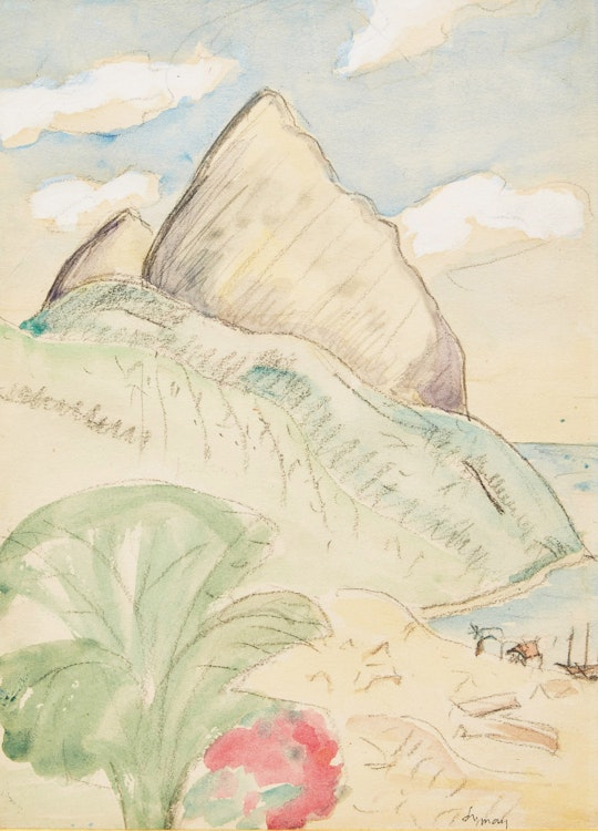 Artwork by John Goodwin Lyman,  The Sisters, St. Lucia, WI. (Le Pitons)