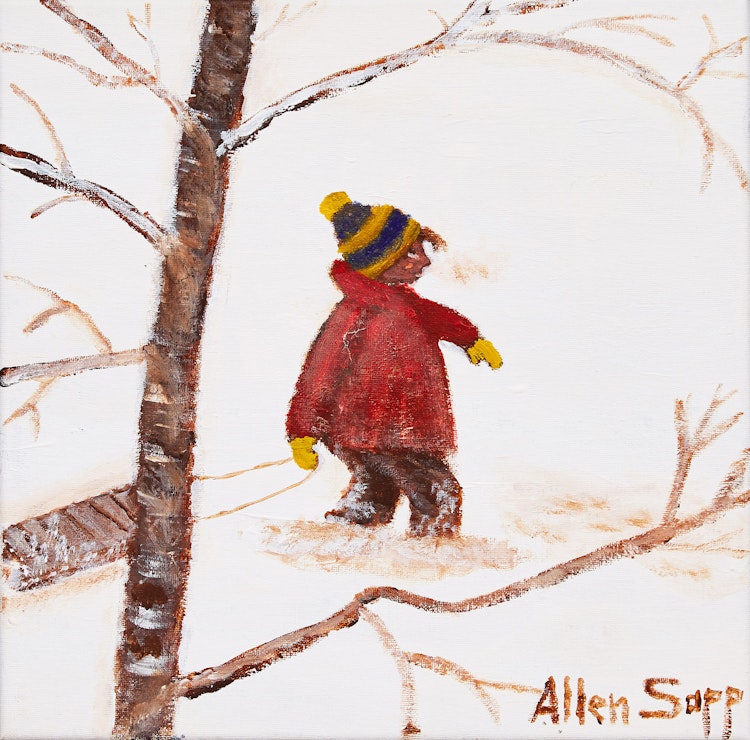 Artwork by Allen Sapp, Boy with Toboggan