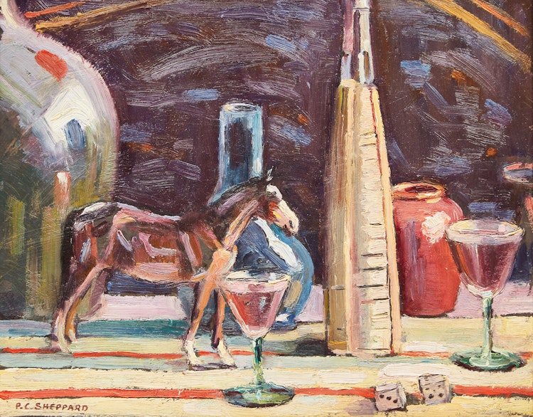 Artwork by Peter Clapham Sheppard,  Still Life of Collectibles 