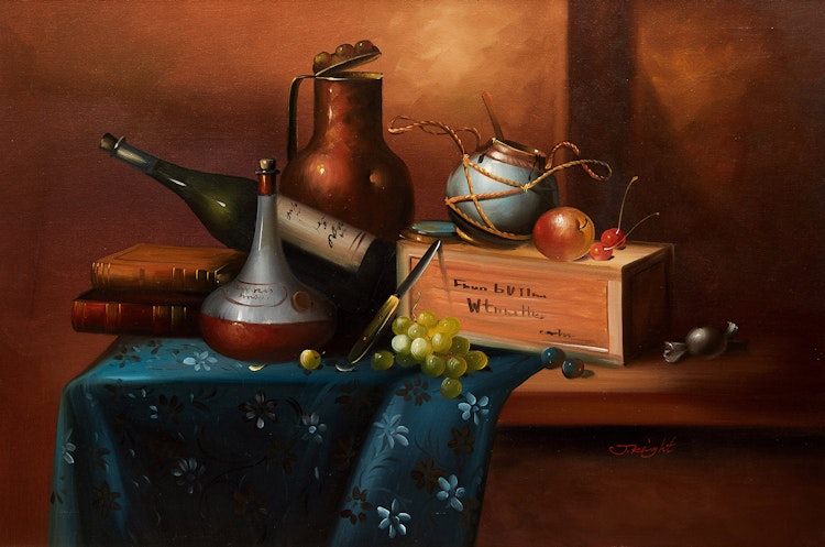 Artwork by J. Knight, Still Life with Fruit and Bottles