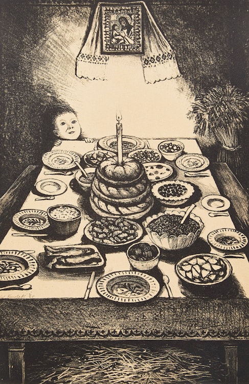 Artwork by William Kurelek, Ukrainian Christmas Eve Feast