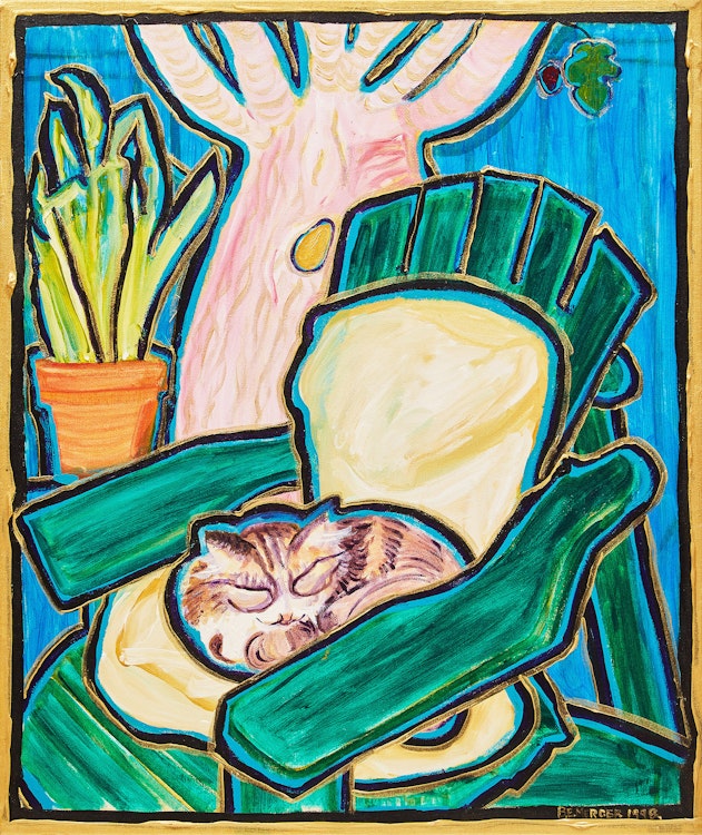 Artwork by Barbara E. Mercer,  My Cat Frigga in the Garden