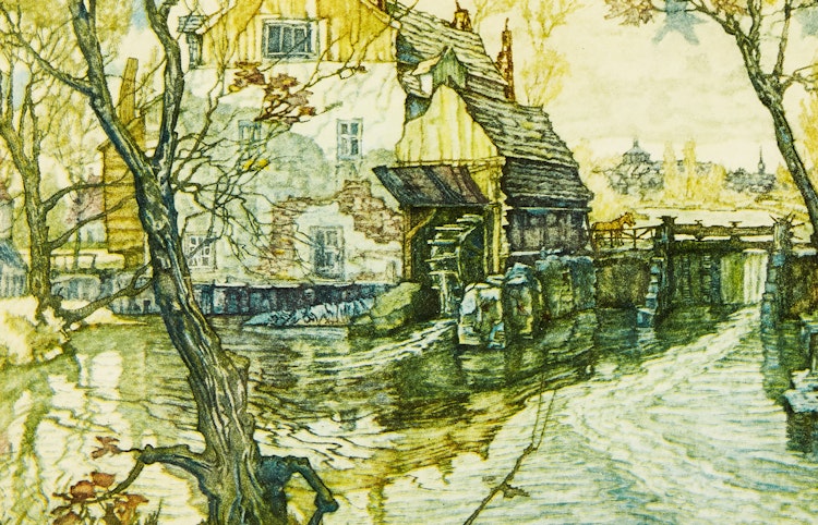 Artwork by Nicholas Hornyansky, Rideau Mill; St. Jean, Quebec; Rijndijk Village (Holland); The Longest Covered Bridge in the World