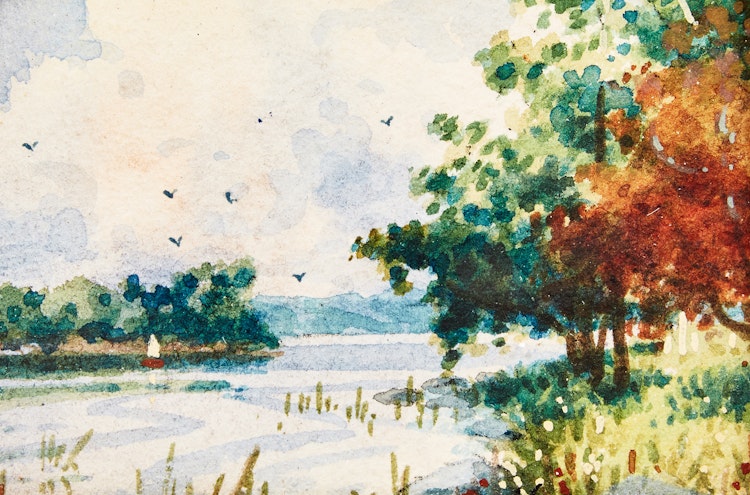 Artwork by Willard Morse Mitchell, A Quiet Little Cove, St. Lawrence River near Montreal; Looking Towards Gaspé from Cap-Aux-Os, P.Q.; Beautiful Lac Lavallée at Val Morin Station, P.Q.