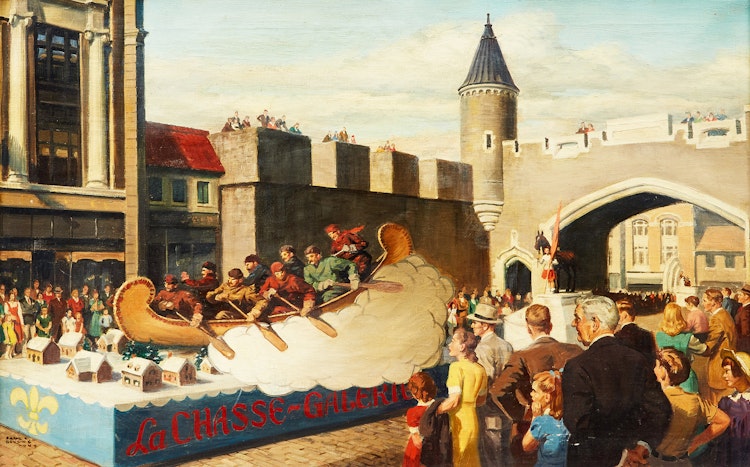Artwork by Frank C. Bensing, Voyageurs Float in Quebec City Parade