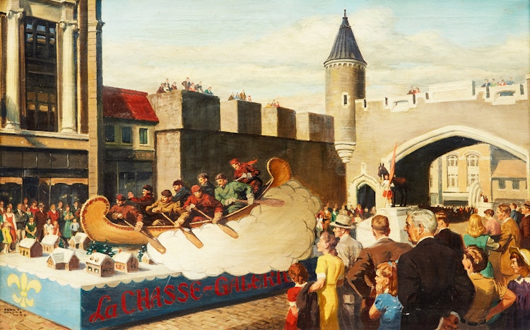 Artwork by Frank C. Bensing,  Voyageurs Float in Quebec City Parade