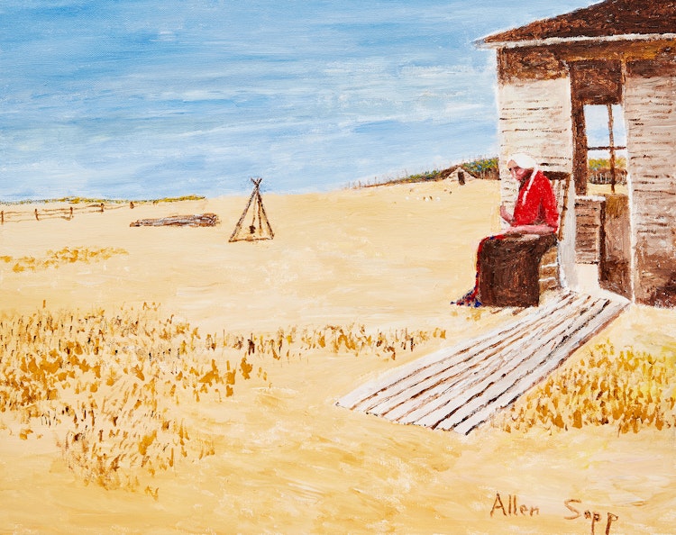 Artwork by Allen Sapp, Nokum is Sewing Outside