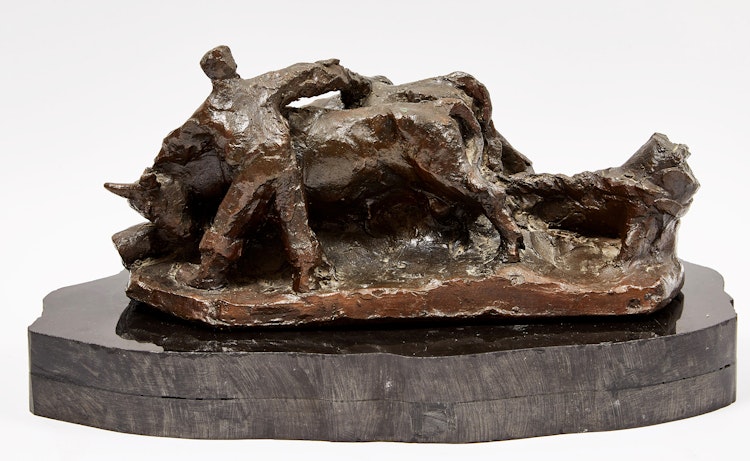 Artwork by Alfred Laliberté, Les boeufs à la souche (Cattle Hauling a Tree Stump)