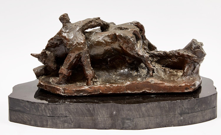 Artwork by Alfred Laliberté,  Les boeufs à la souche (Cattle Hauling a Tree Stump)