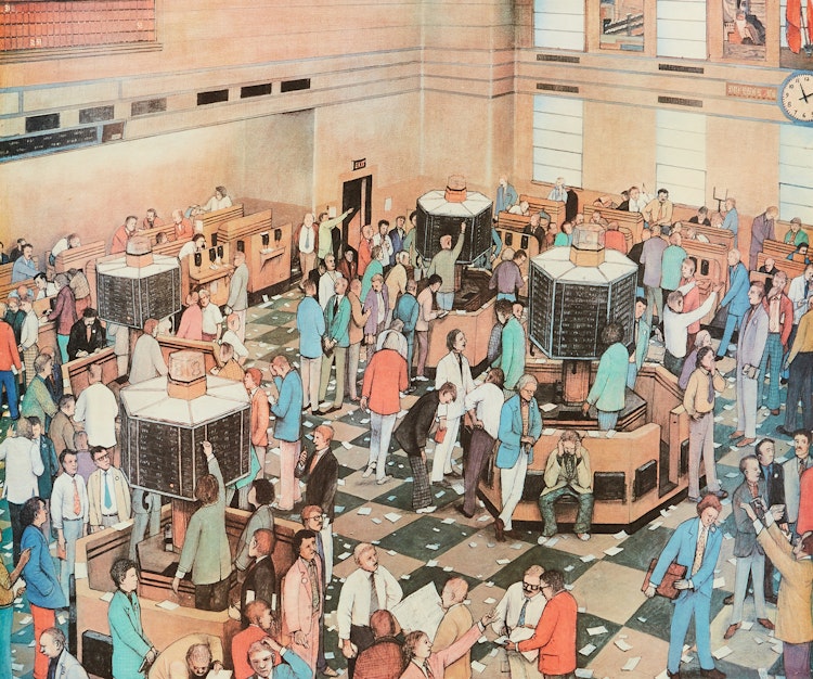 Artwork by William Kurelek,  Light Trading Day, Toronto Stock Exchange