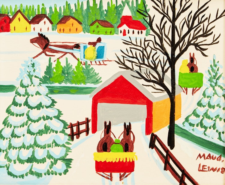Artwork by Maud Lewis, Winter Sleighing Scene with a Covered Bridge