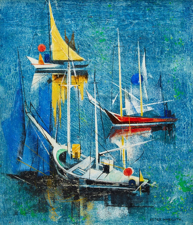 Artwork by Peter Haworth,  Swordfish Boats & Yellow Sail