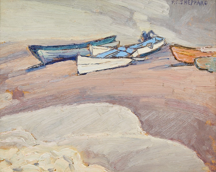 Artwork by Peter Clapham Sheppard,  Boats on the Shore