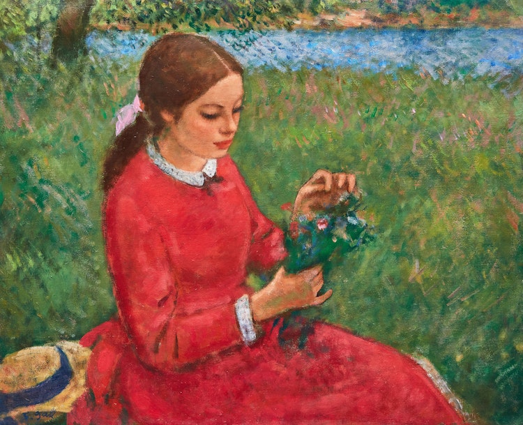 Artwork by François Gall,  Elizabeth-Anne en rouge, au bouquet de fleurs au bord de l’eau