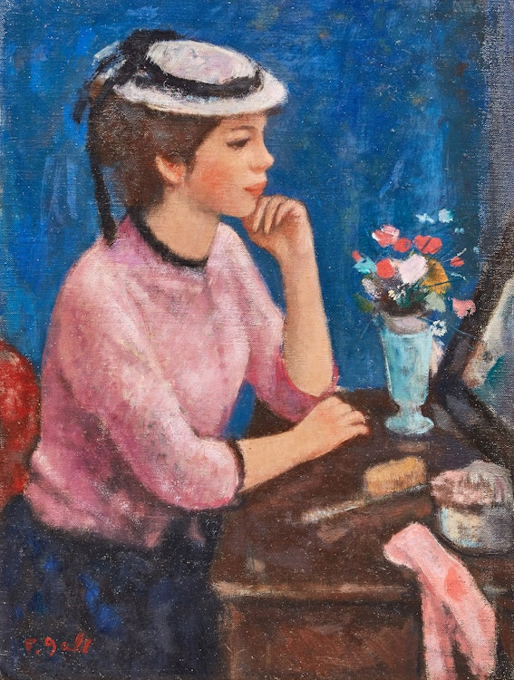 Artwork by François Gall, Marie-Lize au chapeau blanc, just à glance devant la coiffeuse
