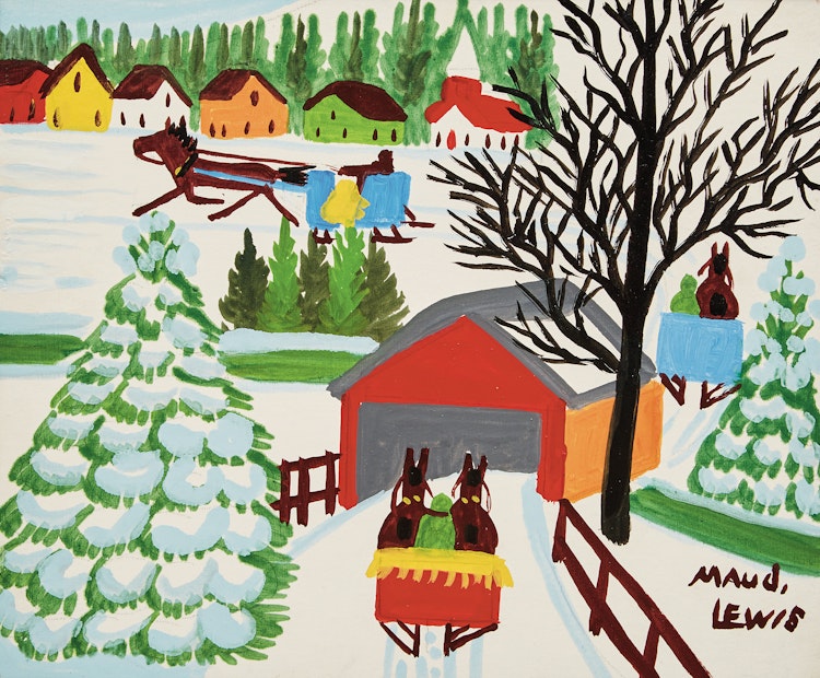 Artwork by Maud Lewis,  Winter Sleighing Scene with a Covered Bridge