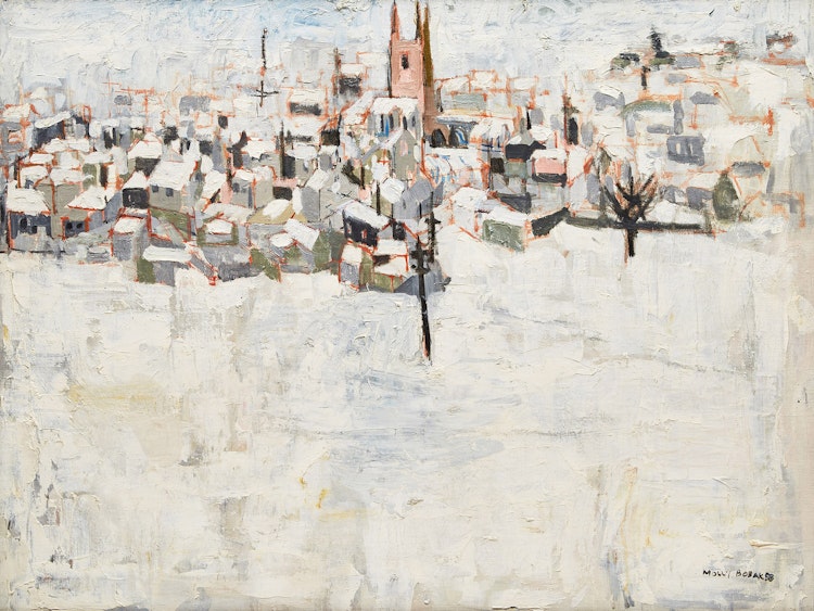 Artwork by Molly Lamb Bobak, Snowy Cornish Town