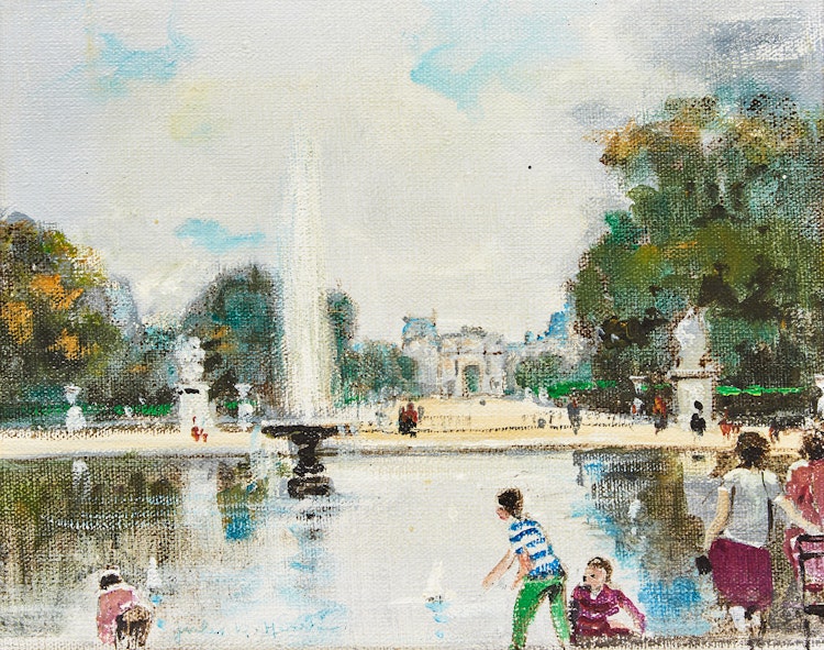 Artwork by Jules René Hervé,  A Scene of Paris by a Fountain