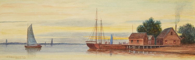 Artwork by William Edgar Cantelon,  Ship at Harbour