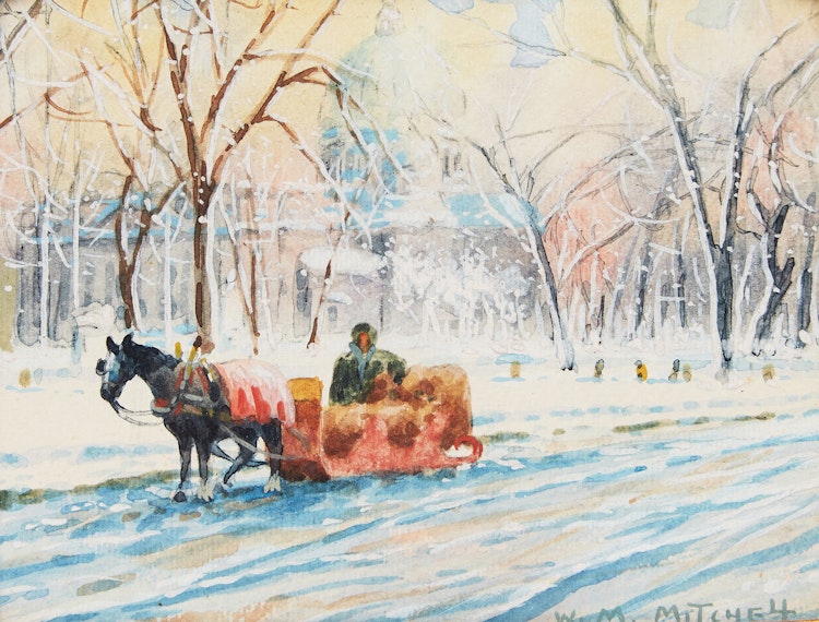 Artwork by Willard Morse Mitchell,  The Little Red Sleigh at Dominion Square, Montreal