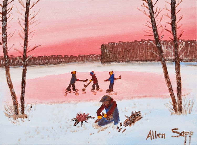 Artwork by Allen Sapp, Building a Fire by the Skating Pond
