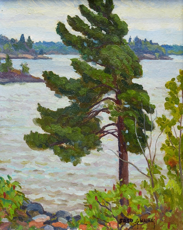 Artwork by Frederick Stanley Haines,  On Everingham’s Island (Looking Across Ox Lake from Dining Room)