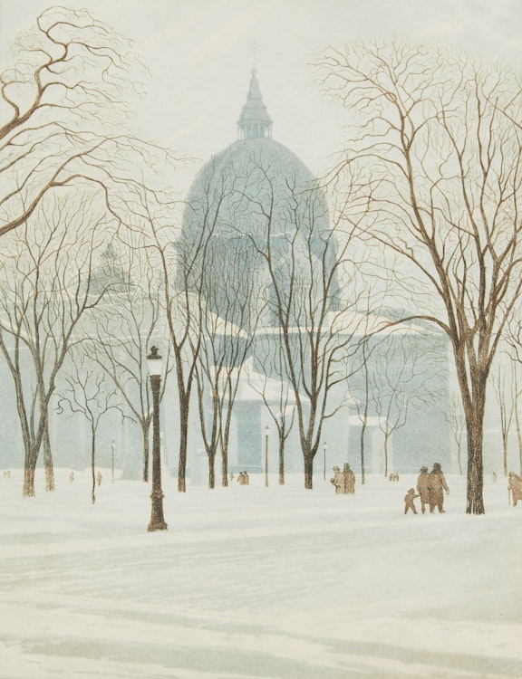 Artwork by Frederick Bourchier Taylor,  St. James Cathedral from Dominion Square, Montreal