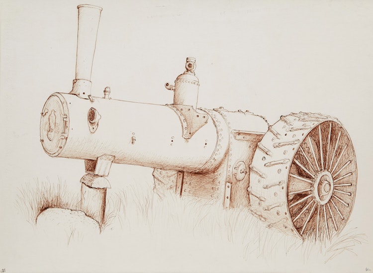 Artwork by William Kurelek,  Stripped Case Steam Tractor