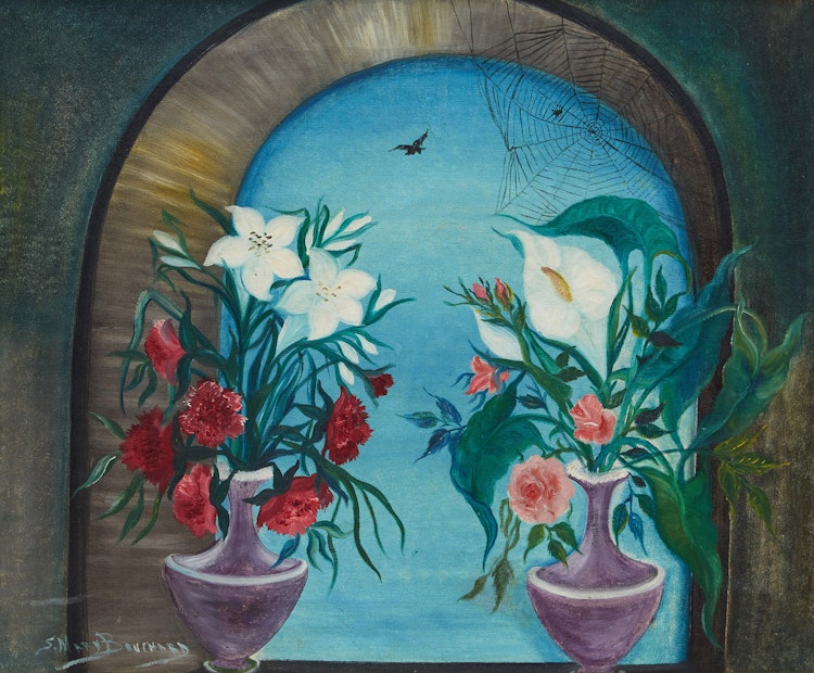 Artwork by Simone-Mary Bouchard,  Les deux vases aux fleurs avec araignée