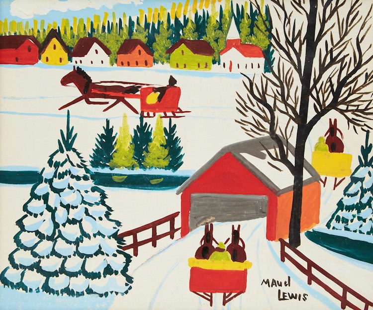 Artwork by Maud Lewis,  Sleigh and a Covered Bridge in Winter 