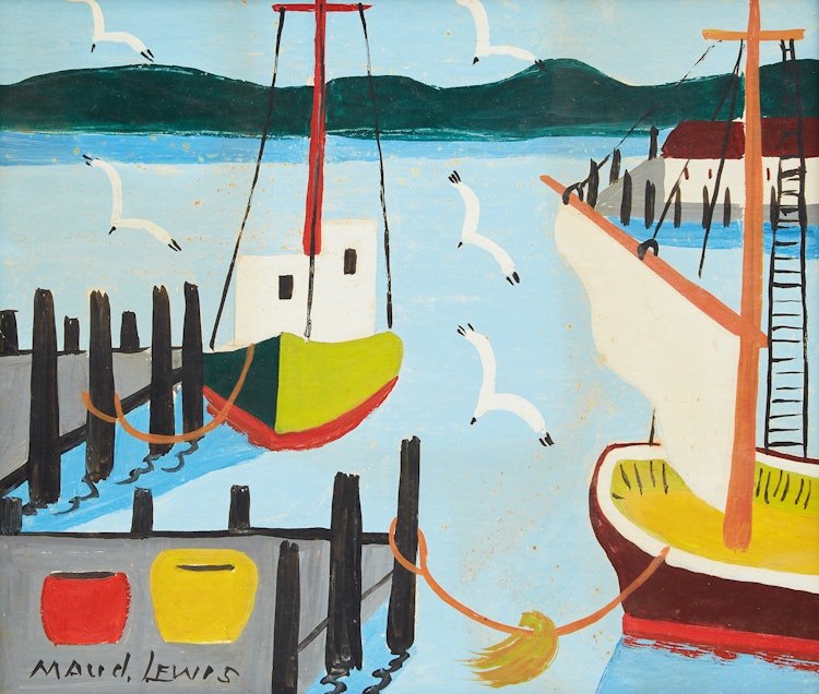 Artwork by Maud Lewis,  Boats at a Wharf