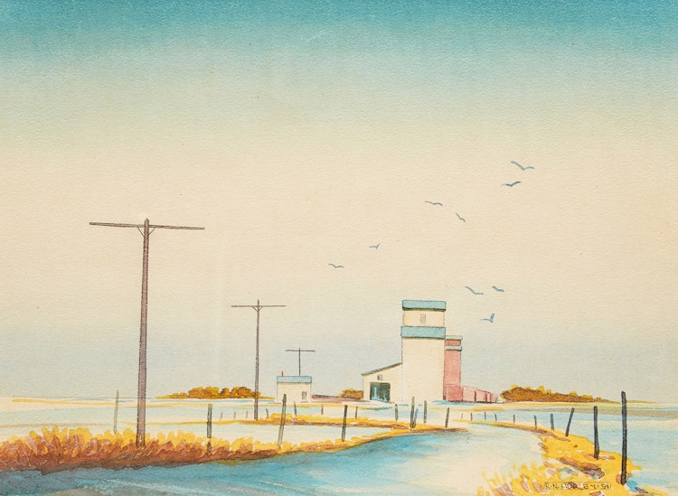 Artwork by Robert N. Hurley, Landscape with Grain Elevator