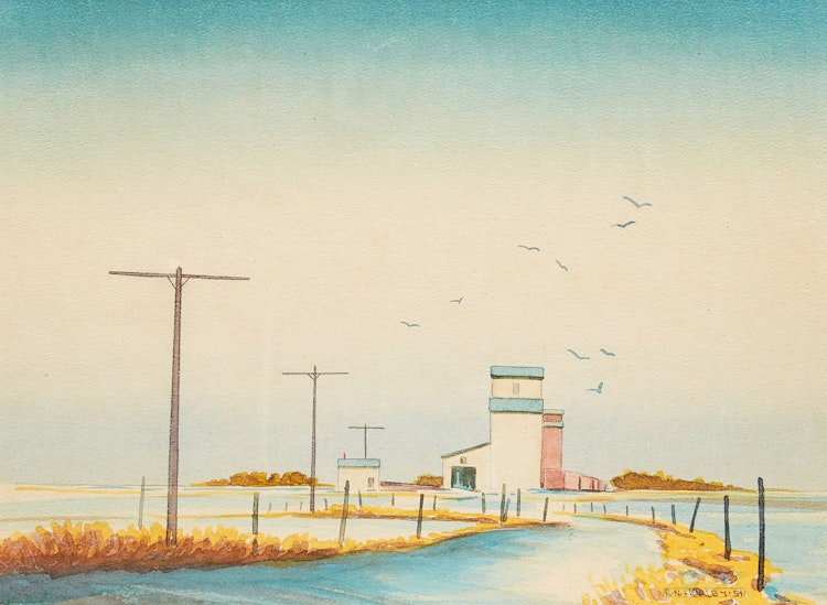 Artwork by Robert N. Hurley,  Landscape with Grain Elevator