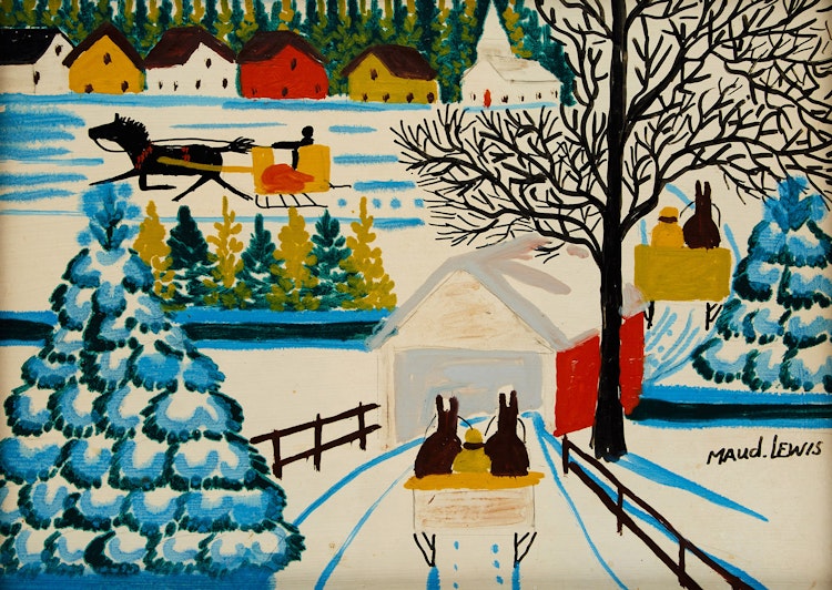 Artwork by Maud Lewis,  Winter Sleighing Scene with Covered Bridge