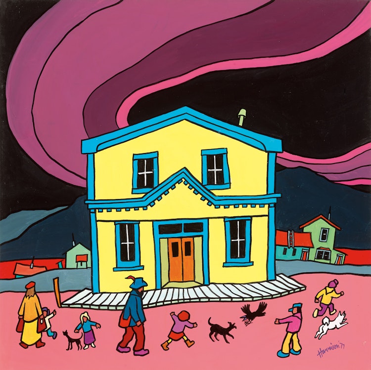 Artwork by Ted Harrison, Untitled (Houses in a Landscape)